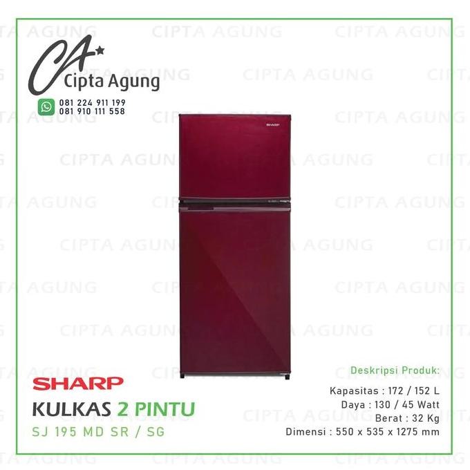 Tersedia KULKAS 2 PINTU SHARP SJ-195MD-SR/SG SJ195MD SR / SG SJ 195 MD [BDG]