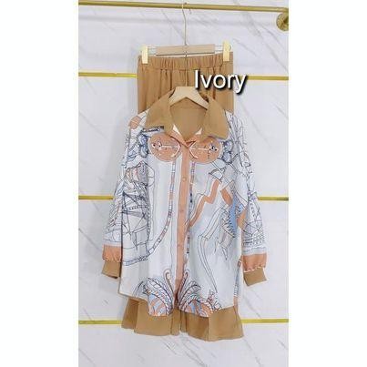 Crt4214 Setelan Cutbray Atasan Kemeja Corak Jangkar Lengan Panjang # Stl Baju Celana Silk Wanita Ove