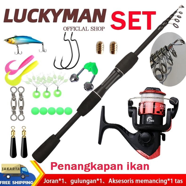READY STOK Promosi Set Murah Joran Pancing Berongga Serat Karbon Set Reel Pancing Spin casting Siap 