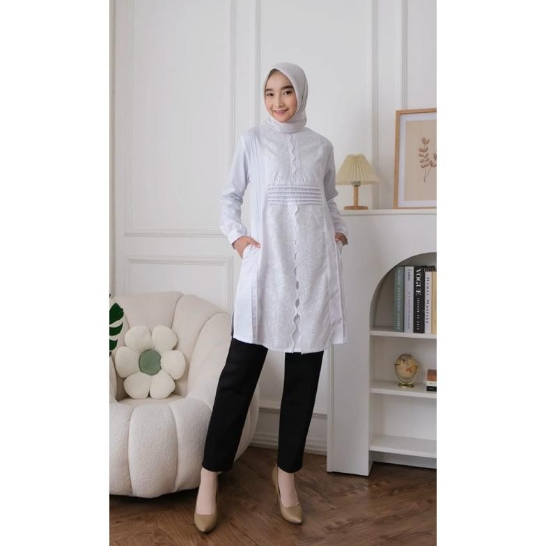 Ready Ambicollection Tunik Allara Atasan Wanita Putih Kerja Kantoran Formal Dan Non Formal