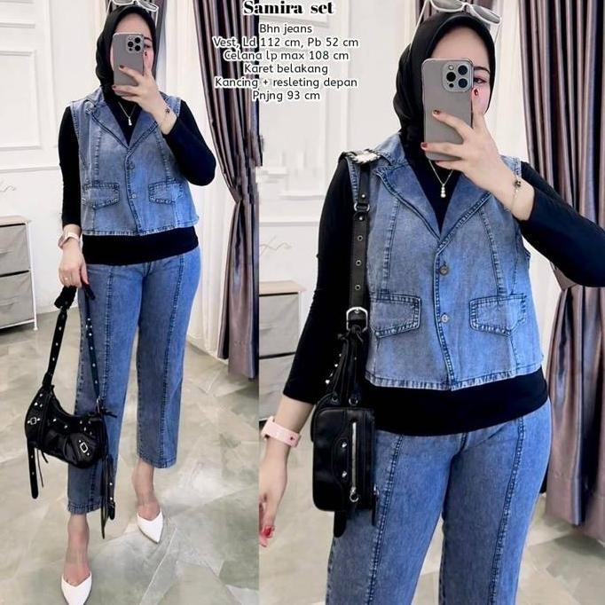 BAJU SETELAN WANITA MUSLIM SAMIRA SET CELANA VEST ROMPI JEANS POLOS CANTIK FASHION PEREMPUAN DEWASA 