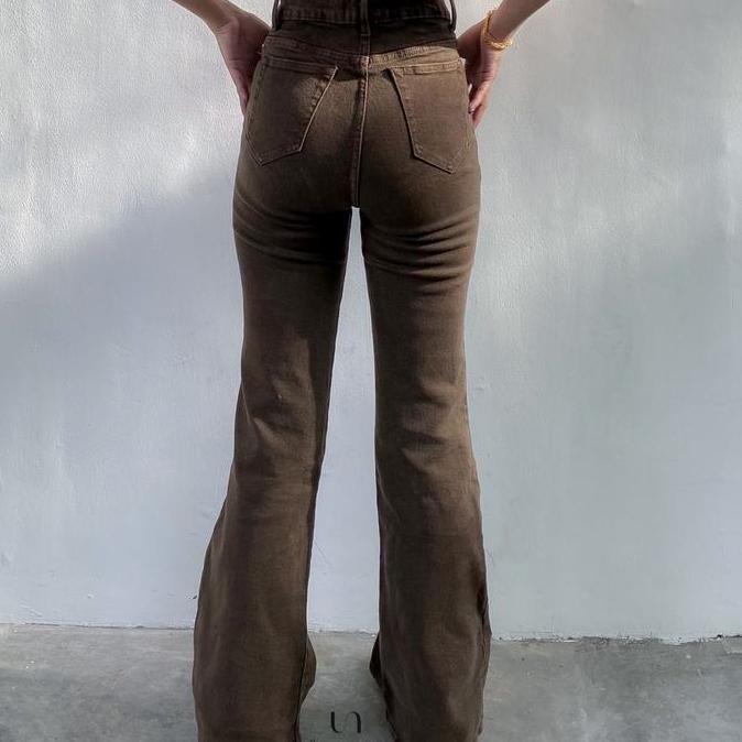 Promo Kezia Cutrbray Pants Coklat Tua- Celana Cutbray Highwaist Jeans  Denim Stretch  Panjang Wanita
