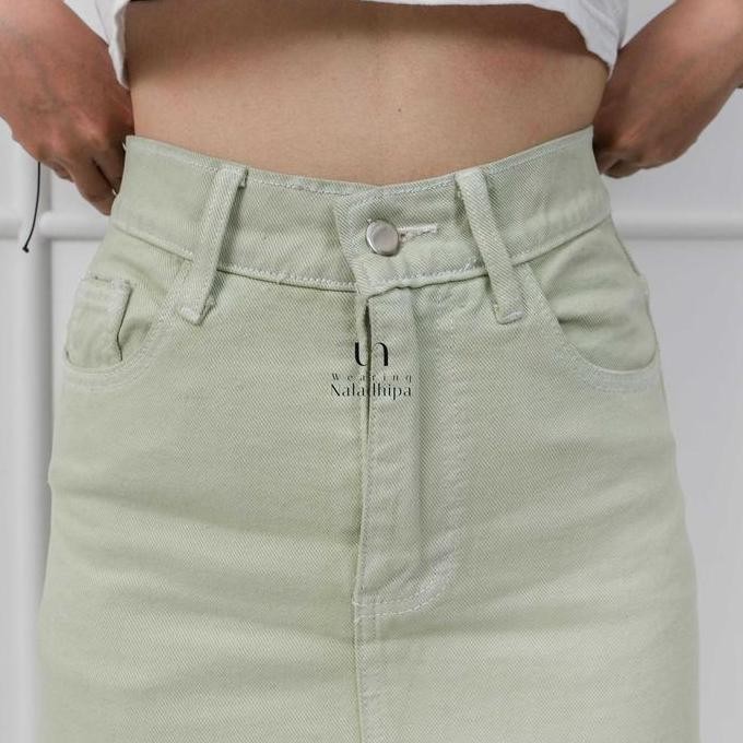 Grosir Nara Skirt Sage - Highwaist  Jeans Rok Wanita Denim Nyaman Santai Slit