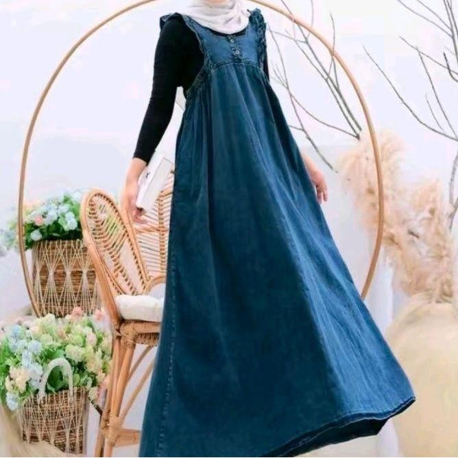Promo Unic Mode Gamis Jumbo Dress Panjang Soft Jeans Denim Casual Wanita Muslim Remaja Dewasa Nyaman