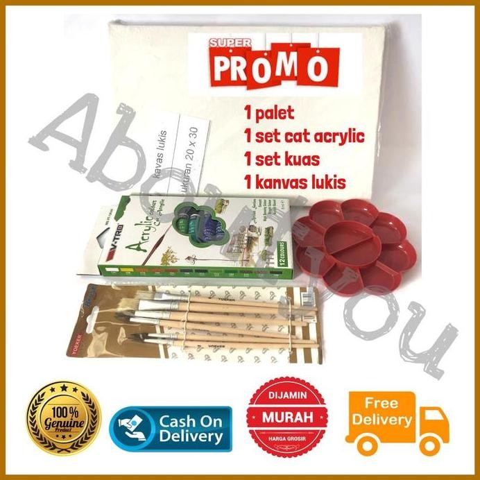 

ready !!! PAKET LUKIS KOMPLIT 4 in 1 KANVAS Cat Akrilik Palet Kuas Set Melukis