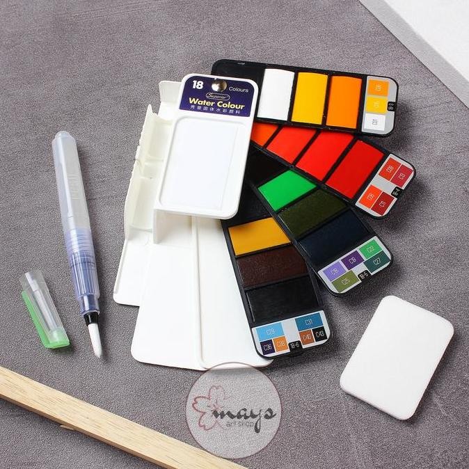 

ready !!! Superior Solid Watercolor Aquarelle Cake Paint Set 18 Warna - Cat Air Padat Isi 18 Color - Cat Lukis Watercolour Mini Compact Portable Acquerelli Color Colour Colors Set Kuas