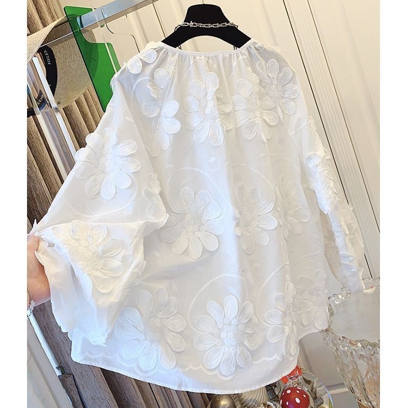 Blus Putih Bordir Renda Bunga Prancis untuk Wanita, Kemeja Babydoll Longgar