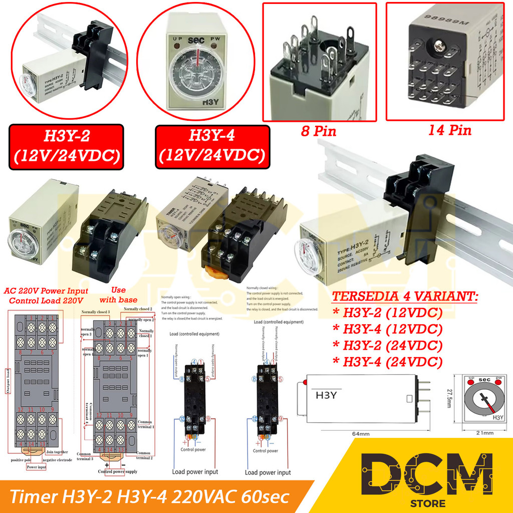 Timer H3Y-2 H3Y-4 H3Y H3Y2 H3Y4 12V / 24V DC 60s 1min Delay Relay DPDT + Socket Base