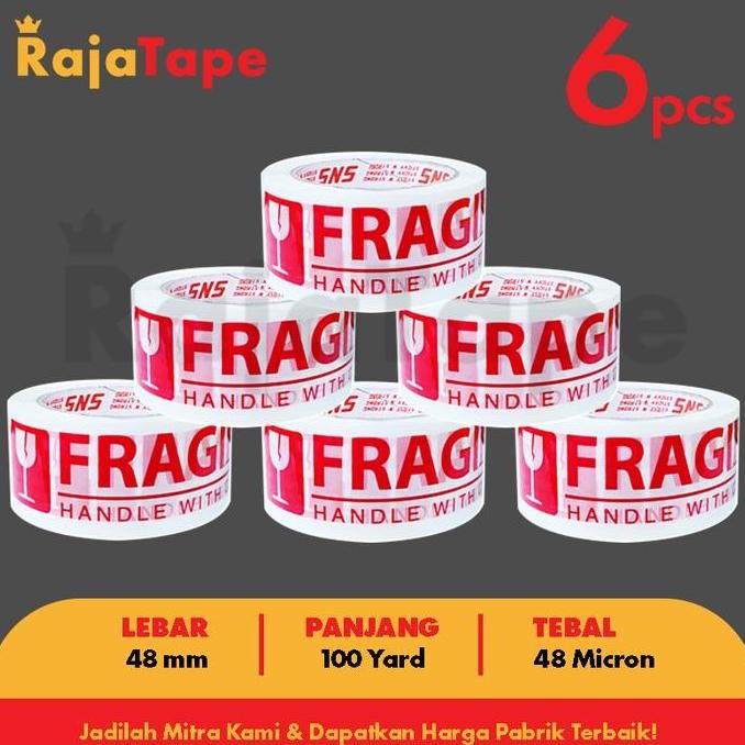 

Promo ( 1 Slop / 6 Pcs ) - Lakban Fragile Merah / Putih 48 Mm X 100 Yard Sns