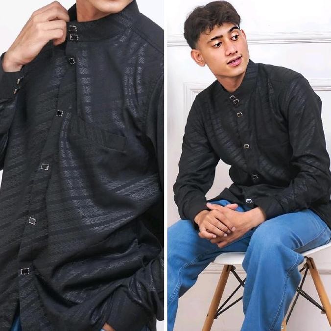 Tersedia HM -  Baju kemeja Koko lebaran Hitam Atasan pria Motif Batik terbaru lengan panjang KEMKO S