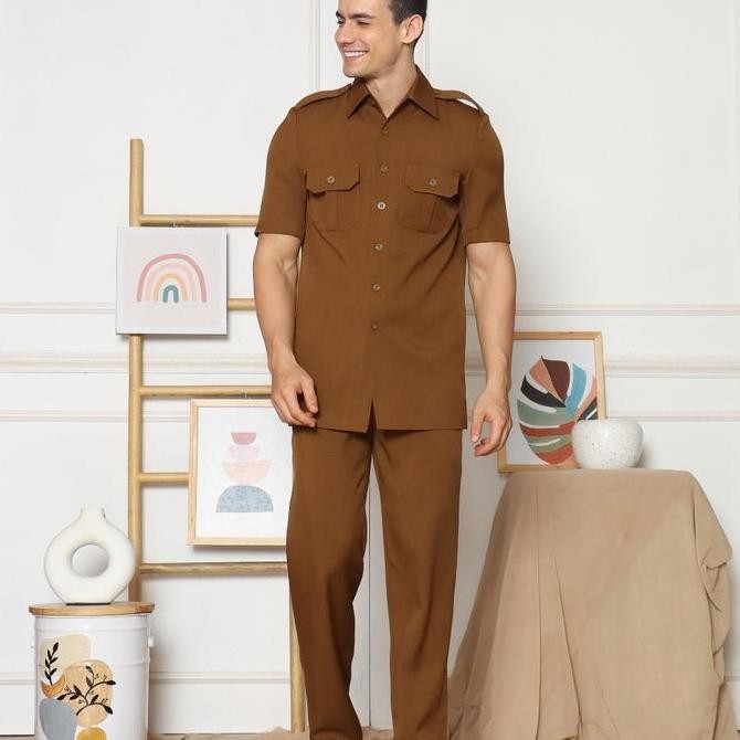 Tersedia Seragam Blazer Pria Safari Asn Pns Model 3301 Lengan Pendek Warna Khaki, AbuTua, Navy, Hita