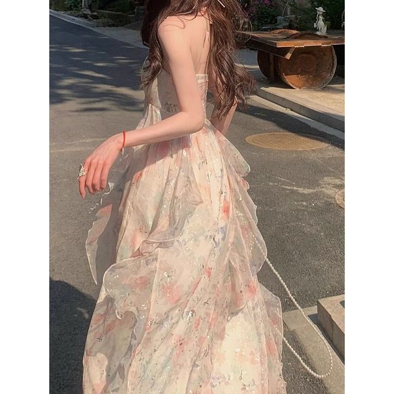 Gaun Floral Leher Halter Hijau Mint Wanita/Gaun Liburan