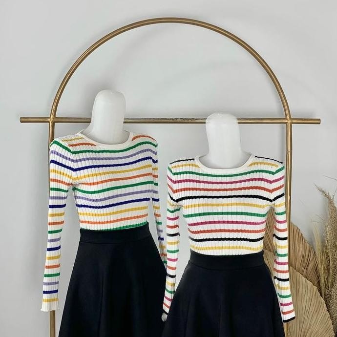 (Expert) AJWShop [ZU] Atasan Rajut Wanita Lengan Panjang Rainbow Style Cute Premium | Baju Rajut Len