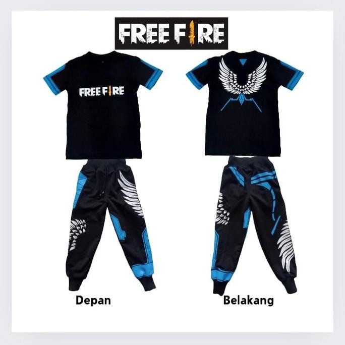 Tersedia setelan baju kaos anak dan celana panjang anak angel ff biru 2-13 tahun