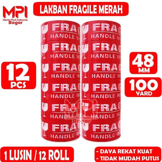 

Ready Stock 1 Lusin [ Isi 12 ] Lakban Fragile Merah 48 Mm X 100 Yard - Handle With Care Jangan Di Banting - Mpi