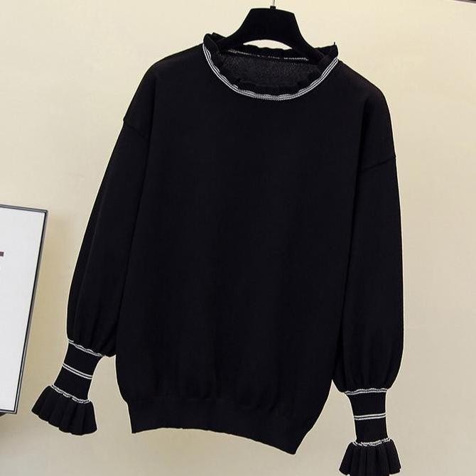 (Expert) Atasan wanita rajut list putih lengan balon polos santai TF044