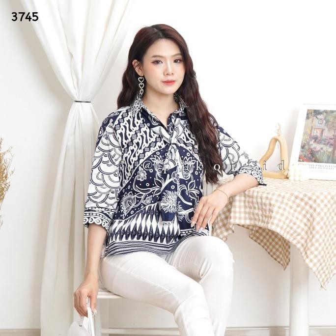 Tersedia Atasan batik wanita modern lengan panjang / seragam batik dasi syal