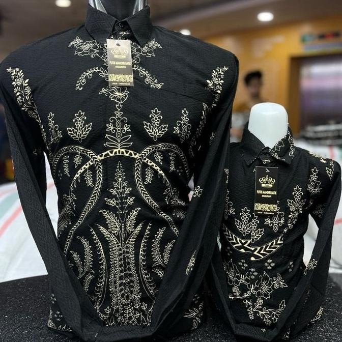 Tersedia HITAM MOTIF AKAR Batik serat dobby tenun ayah dan anak pakai furing premium//batik ayah//ba