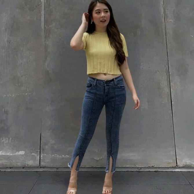 Tersedia Celana Jeans Wanita Belah Bawah 7/8 Melar Karet Rawis Nyaman - Biru Cewek