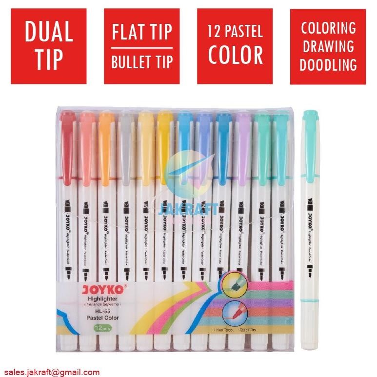 

(12 Pcs) Spidol Highlighter Marker Pastel 12 Warna 2 in 1 JOYKO HL-55 Dual Tip
