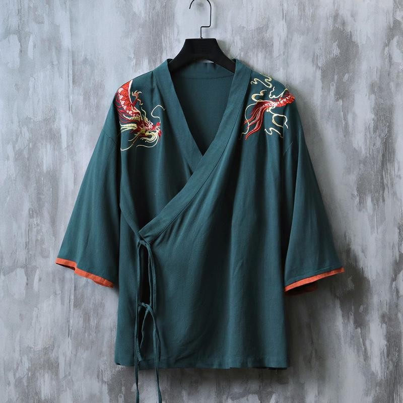 Kemeja Linen Pria Gaya Cina Pola Naga Bordir/Pakaian Tradisional Tiongkok/Hanfu