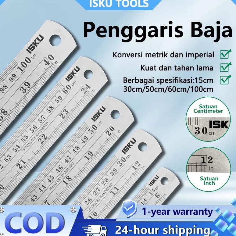 

ISKU Penggaris Besi 15/30/50/60/100cm Stainless Steel/Skala Dua Sisi Ruler AST