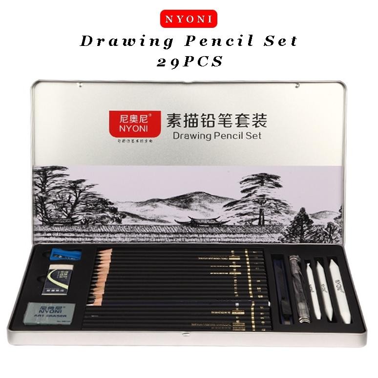 

Nyoni Drawing Pencil Gambar Set 29PCS Drawing Sketch Pencil Set Tin Box Pensil Gambar AST
