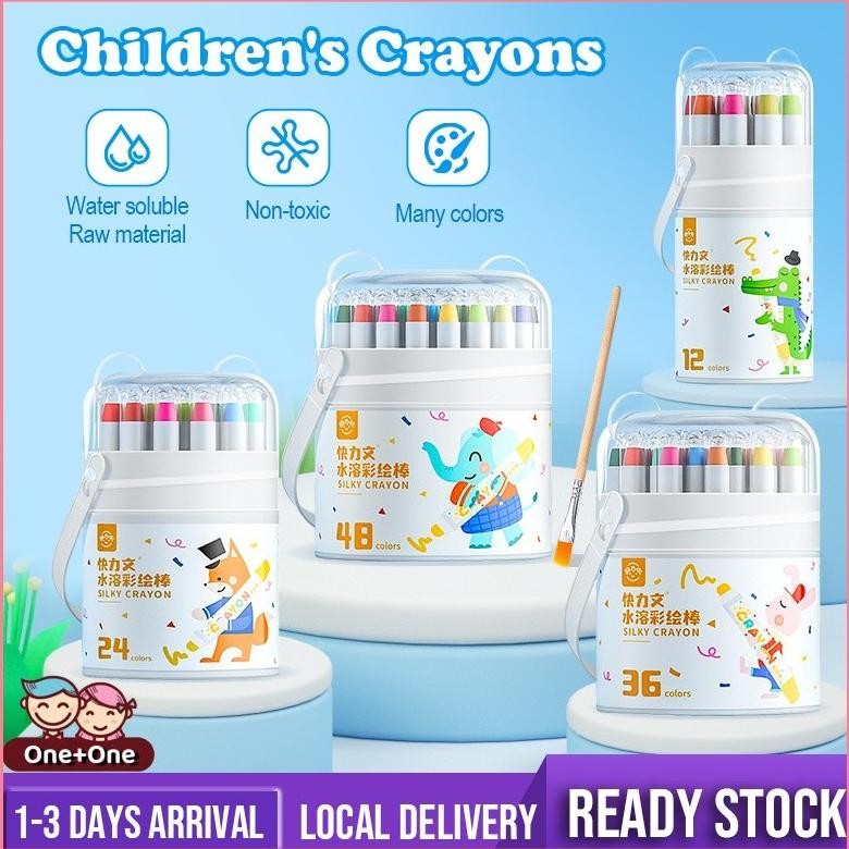 

Ready stockWashable Silky Crayon 24 / 36 / 48 Warna Colorful Bucket Krayon Mewarnai Alat Warna Set Anak Wipe and Clean AST