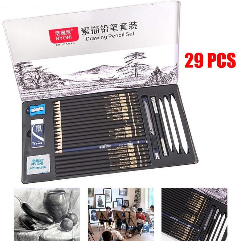 

Nyoni Gambar Set Drawing Pencil 29pcs Metal Tin Box Lukis Sketsa Paket AST