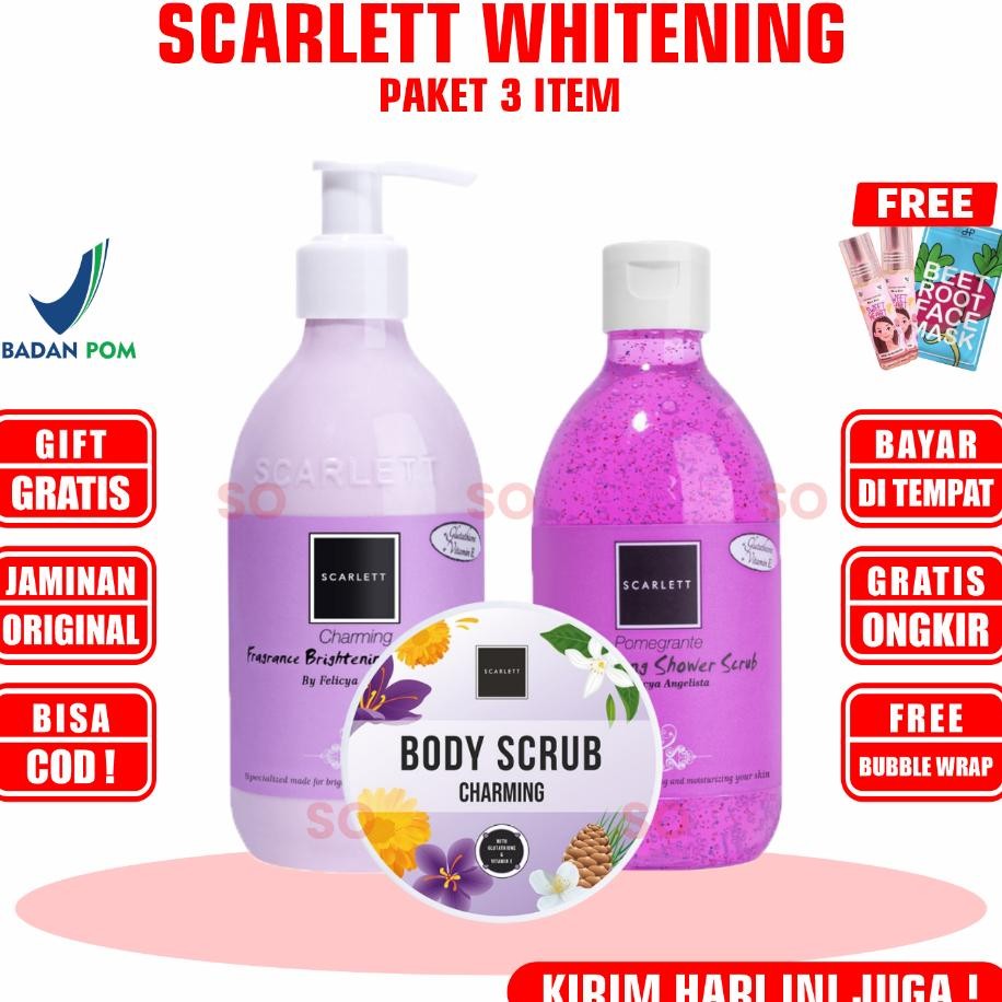 Scarlett Whitening Paket 3 Item Free Bubblewrap Resmi 1 Sepaket Body Lotion Scrub Serum Toner Cream 