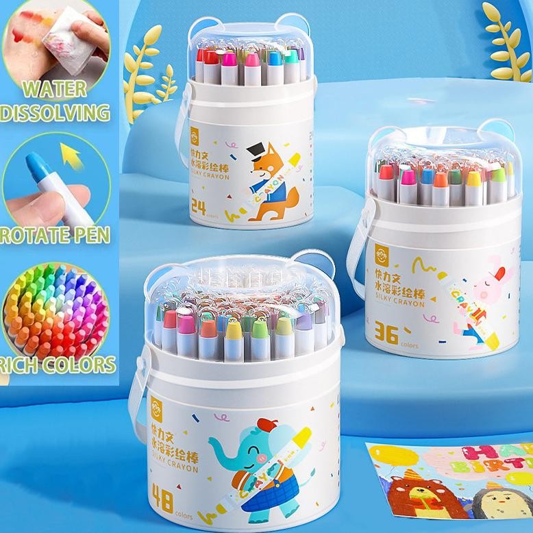 

In StockWashable Silky Crayon 36/48 Warna Colorful Bucket Krayon Mewarnai Alat Warna Set AST