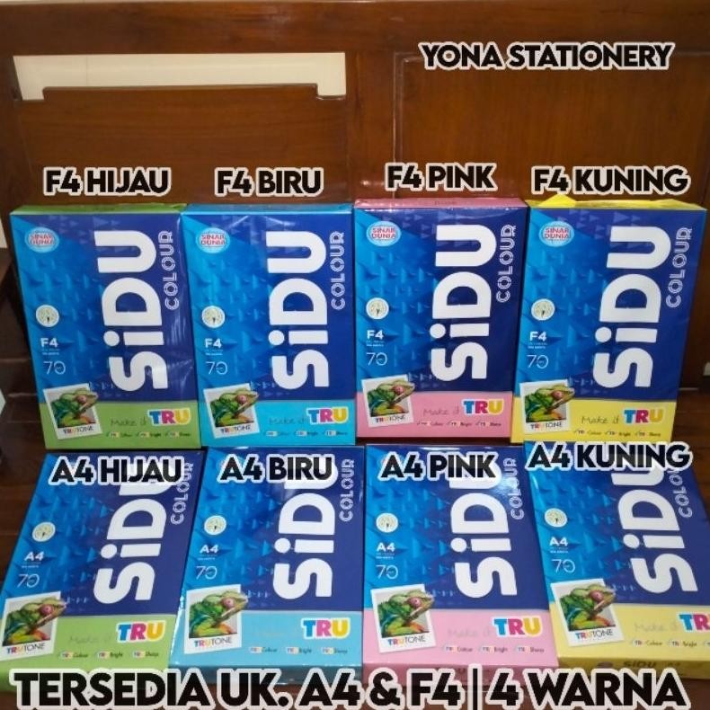

Kertas HVS Warna SIDU A4 & F4 70 Gram Pink Kuning Biru Hijau AST