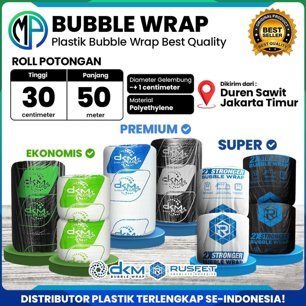 

Plastik Bubble Wrap DKM Roll 30cm x 50meter Bening Putih / Hitam Ekonomis Tebal Merek DKMPlus Rusfet AST