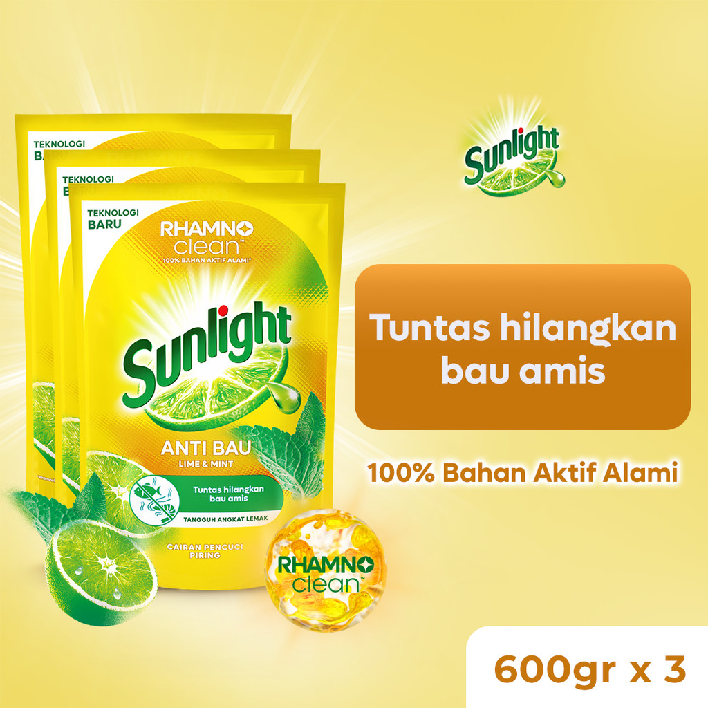Sunlight Sabun Cuci Piring Cair Refill Extra Anti Bau 600gr X3