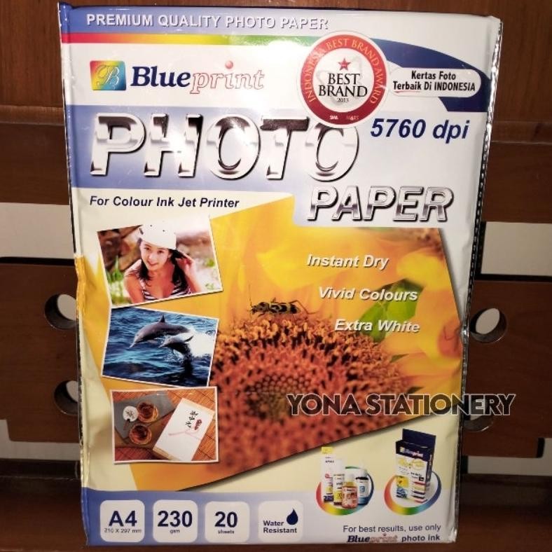 

Kertas Foto Blueprint A4 230 GSM | 1 Pak: 20 Lembar | 5760 MDPI | Colour Inkjet Printer AST