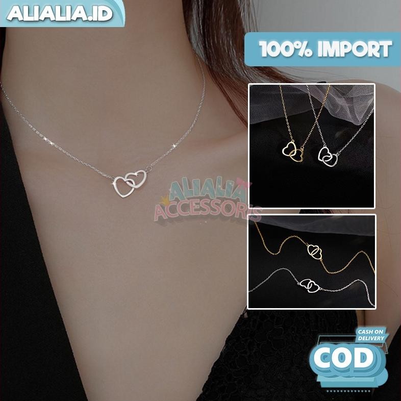 Ready Kalung Wanita Korea Style Liontin Dua Love Silver Aksesoris Perhiasan Gaya Casual
