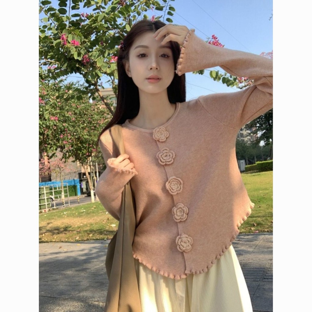 3D Flower Hidden Button Ruffled Knit Sweater