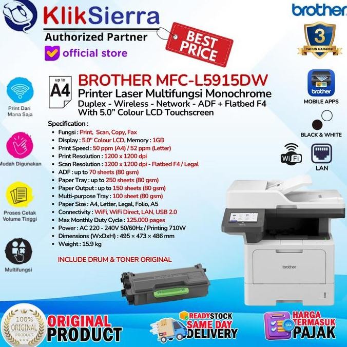 Brother Mfc-L5900Dw Printer Laser Aio Mono Fax Duplex Lan Wifi L5900 New Stok