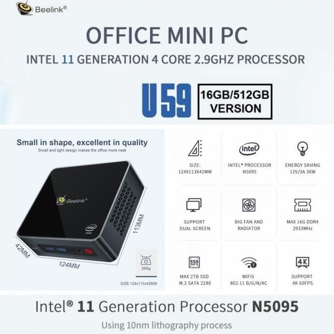 Mini PC Beelink U59 16/512GB SSD Intel N5095 JasperLake Windows 11 Pro