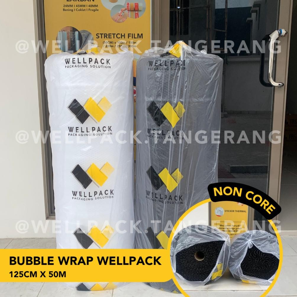 

Produk Baru!! Bubble Wrap Coreless / Tanpa Core 125cm x 50m Roll 3Kg Hitam Bening Wellpack