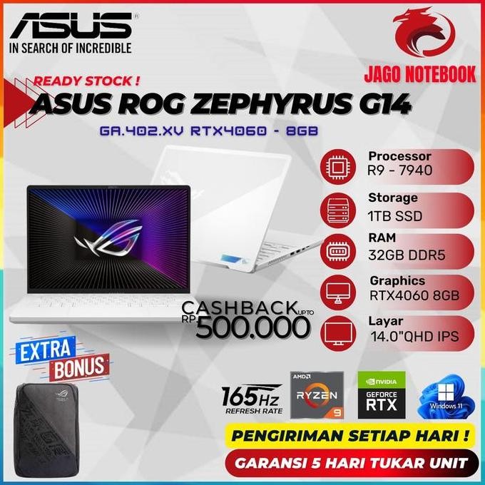 Asus ROG Zephyrus G14 GA402XV RTX4060 8GB Ryzen 9 7940HS 32GB 2TB 14.0 QHD