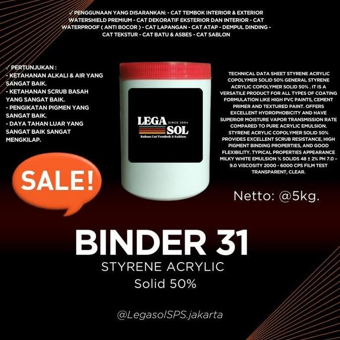 

ready Binder Styrene Acrylic 31 Solid 50% @1kg Khusus Cat Eksterior Paint Painting Pvc