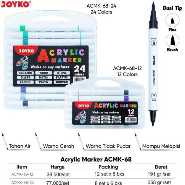 

1 set Joyko Dual tip ( Brush and Tip ) Acrylic Marker ACMK-68-12 12 Color / Cat Akrilik Marker 2 kepala ( Kuas dan Spidol ) ACMK-68-24 24 Color / Warna Terlaris