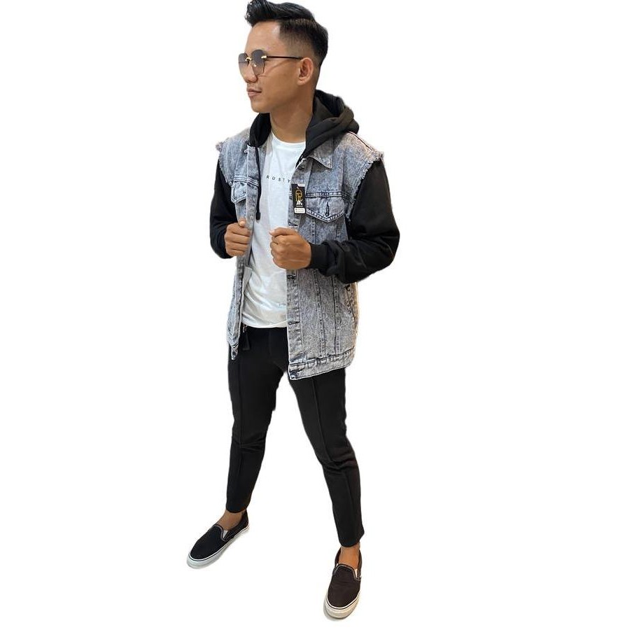JAKET JEANS HODIE ABU PRIA WANITA distro casual  hitam  denim Panjang Cowok Blazer daps