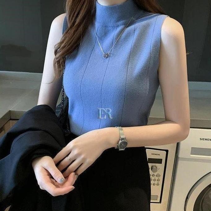 Atasan Polosan Tanpa Lengan Kerah Tinggi Bahan Rajut Knit Premium Import Untuk Wanita Dewasa Dalaman