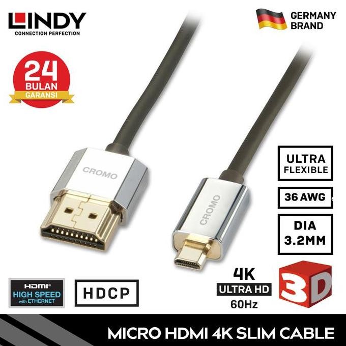 Kabel Hdmi Lindy Ultra Slim 2.0 Micro Hdmi To Hdmi 4K 60Hz Cromo - 1M