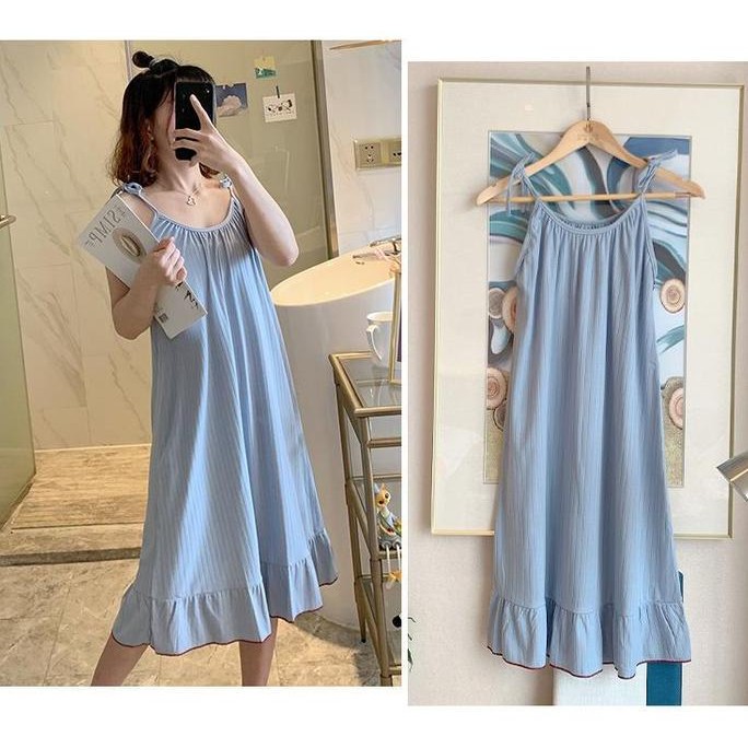 ready stock Daster Korean Tali Satu Baju Tidur Wanita Dewasa Motif Polos Tanpa Lengan Dress Piyama U