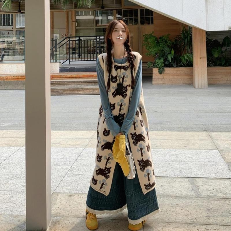 Rompi Jacquard Rajut Ukuran Plus Gaun Tank Wanita Kemeja Dasar Jeans Longgar Set Tiga Bagian