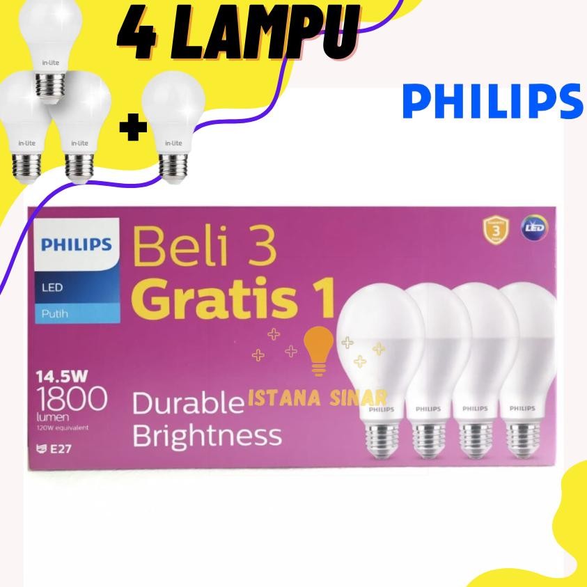 Philips Lampu LED 14,5Watt, 14,5W, 14,5 Watt, 14,5 W 3Gratis1 Putih Philips Bohlam Led Philips