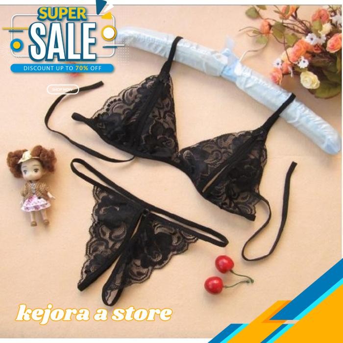 LINGERIE SATU SET BRA BH DAN CELANA DALAM MISS V BOLONG SEXY RENDA THONGS SEKSI OBRAL DISKON
